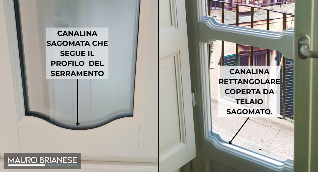 Due immagini a confronto di due serramenti per case d'epoca.  Si vede la differenza tra una canalina sagomata che segue il profilo del serramento e una canalina rettangolare coperta da un telaietto applicato con la sagoma richiesta.