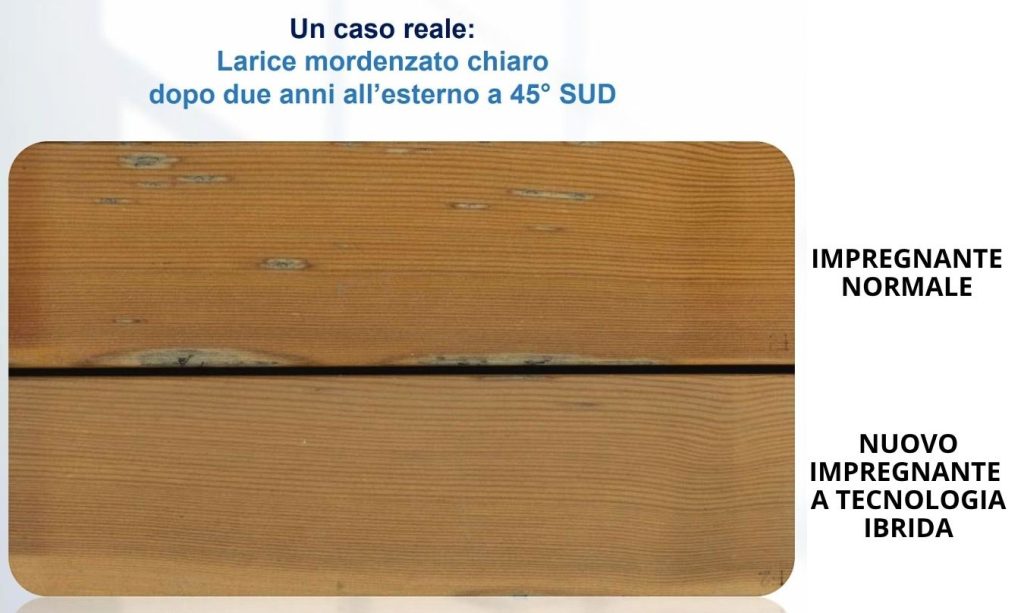 Confronto dopo due anni di esposizione: il larice trattato con vernici catalizzate per legno mostra evidenti segni di degrado, mentre quello con impregnante a tecnologia ibrida mantiene colore e protezione.